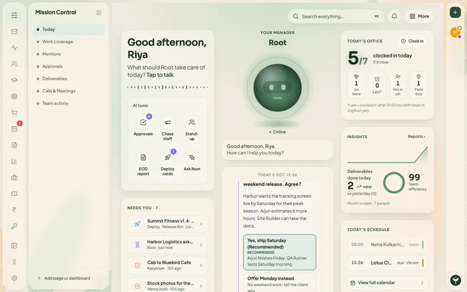 The GigRoot home screen: the AI manager in the centre, today's office, what is due and what needs the owner